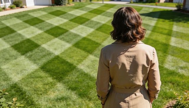 Rearview woman admiring checkerboard lawn in suburban yard wearing beige trench coat