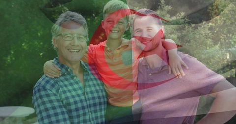 Multigenerational family smiling in backyard with algerian flag overlay, unity and pride