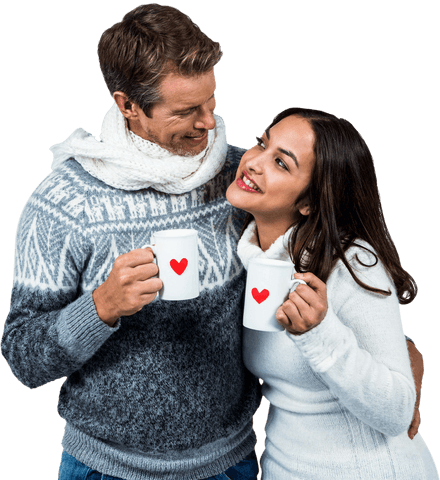 Transparent Couple Enjoying Hot Drinks Celebrating Winter Together
