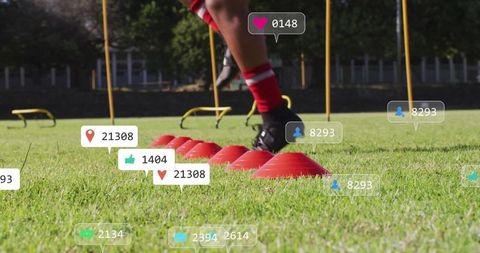 Soccer player practicing agility on field with digital metrics overlay