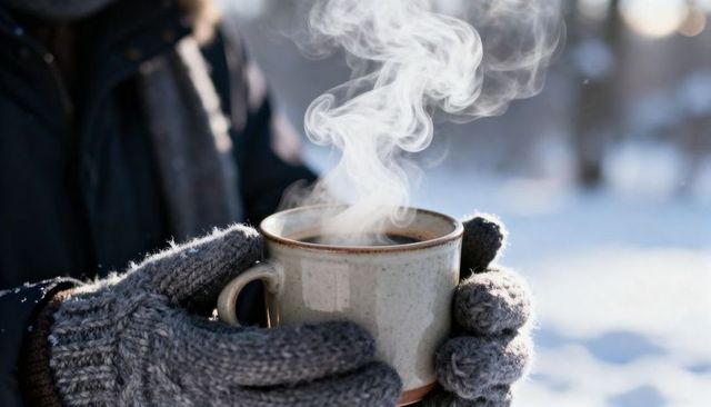 Steaming ceramic mug cradled in grey knit mittens on snowy winter morning