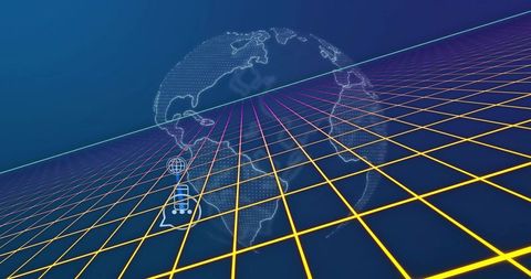 Retrofuturistic wireframe globe floating above neon grid with cyber ui icons and horizon