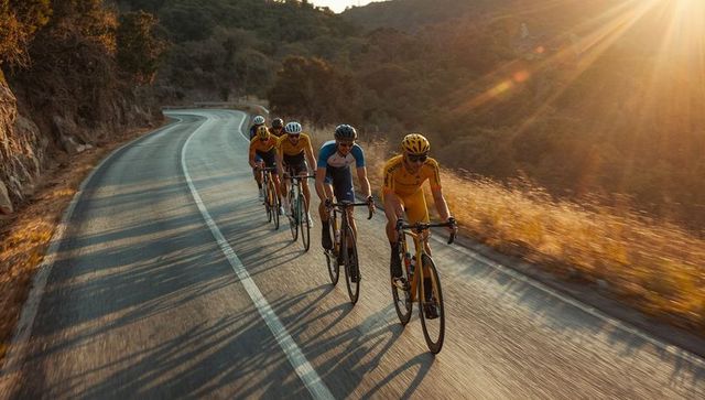 Cyclists Riding Mountain Road at Sunset