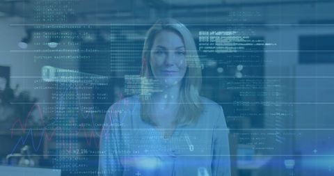 smiling woman with digital interface and data overlay - Download Free Stock Images Pikwizard.com