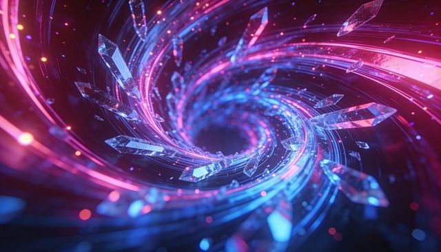 Spiraling Crystal Vortex Pulling Glass Shards Through Neon Cyber Tunnel