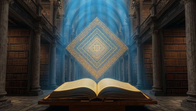 Mystical Floating Tome in Enchanted Ancient Library