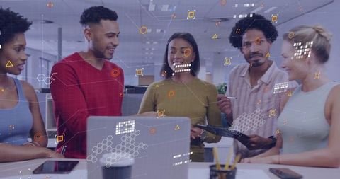 Diverse Team Collaborating in Modern Office with Digital Graphic Overlays