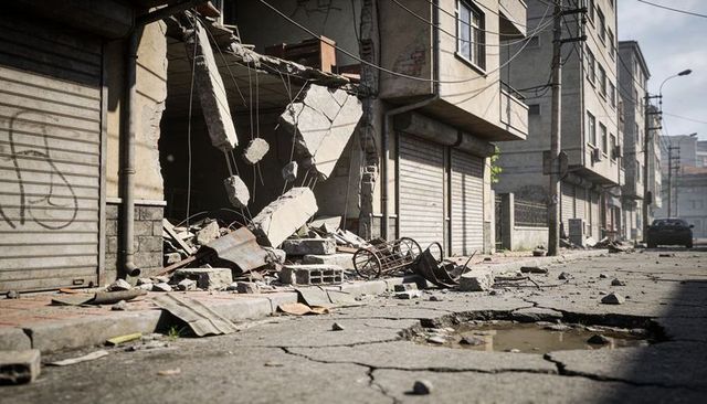 Collapsed facade spilling rubble onto urban street with exposed rebar and toppled cart