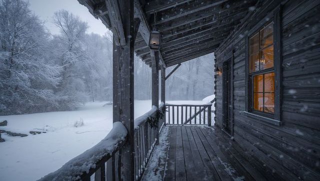 Snow-covered cabin porch at forest edge with warm lantern glow and icy winter silence