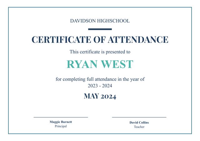 Elegant Certificate of Attendance template from Davidson High School recognizes full attendance for the 2023-2024 academic year. Versatile for educational recognition events, award presentations, and school celebrations honoring students' dedication and commitment.