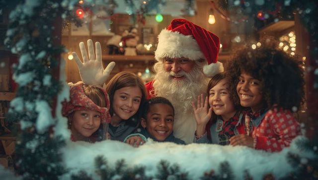 Families Celebrating with Santa Claus in Warm Holiday Atmosphere