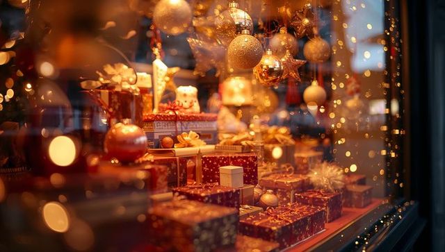 Displaying christmas window filled with wrapped gifts, golden baubles and warm bokeh lights