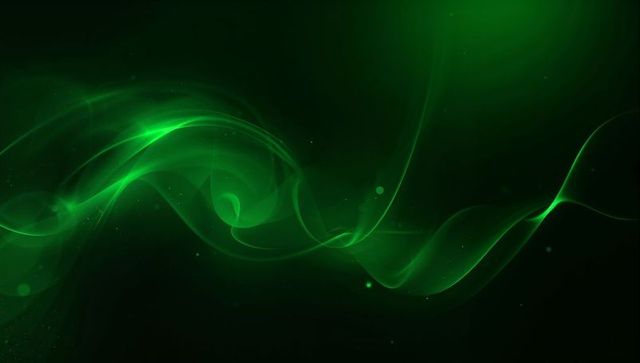 Flowing Green Neon Light Ribbon Drifting Across Dark Background with Glowing Particles