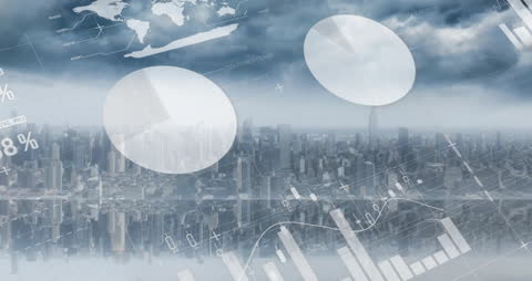 Abstract Financial Data Visuals Against Urban Skyline