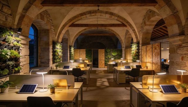 Vaulted stone coworking space blending historic arches with modern biophilic workstations