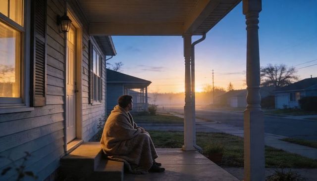 Solitary man wrapped in blanket watching misty sunrise from suburban porch steps at dawn