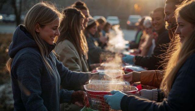 Volunteers serving hot meals curbside at sunset during community food distribution line