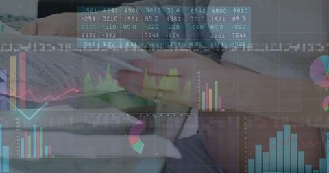 Woman analyzing financial reports with digital chart overlays
