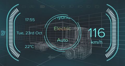 Futuristic vehicle dashboard display with wireframe truck and data