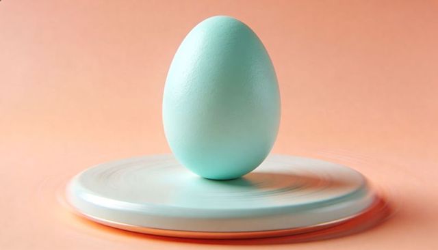 Balancing pastel turquoise egg on spinning plate creating circular motion blur minimal still life