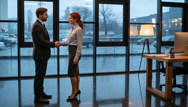 Professionals shaking hands in modern office with rainy window view