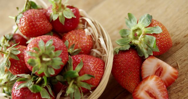Fresh strawberries are displayed on a wooden surface, some in a small basket and one cut in half, revealing the juicy interior. Highlighting the appeal of fresh produce, the image captures the vibrant red color and freshness of the strawberries, perfect for culinary uses or healthy snacking.