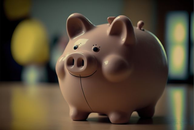 Close-up of a smiling pink piggy bank placed on a wooden surface with a blurred background. Ideal for use in financial planning websites, savings concepts, children’s banking services, and money-saving promotional materials.