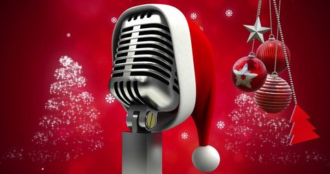 Vintage Microphone Wearing Santa Hat Among Christmas Decorations - Download Free Stock Images Pikwizard.com
