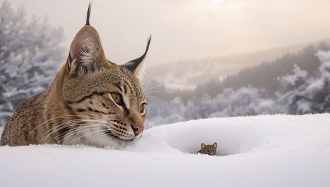 Lynx-like wildcat stalking mouse in deep snowbank at winter sunrise