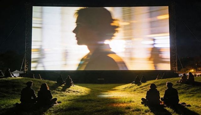 Outdoor night cinema on grassy hill with giant silhouette playing on projection screen