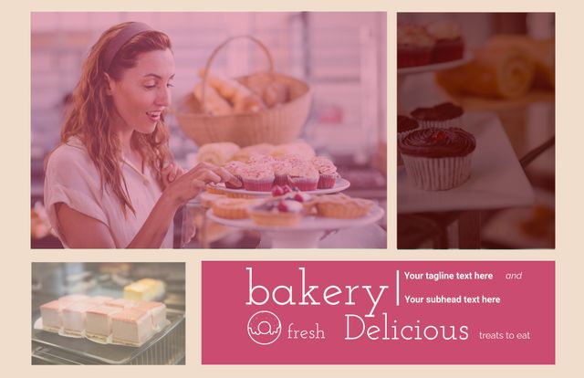 Perfect for drawing attention in bakery advertising and menu designs, this visually appealing image showcases a woman joyfully selecting pastries, inviting customers to indulge in fresh baked goods. It is versatile for use in cafe promotions, food blogs, or bakery websites, effectively conveying a warm and enticing atmosphere.