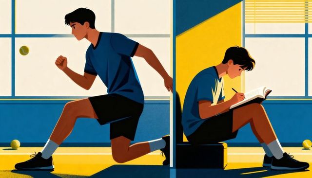 Split-frame tennis training and sports log tracking athlete lunging and writing notes