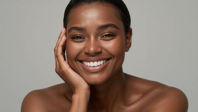 Radiant smiling woman touching face showing glowing skin and natural makeup, close-up