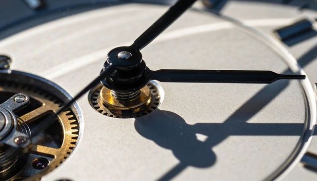 Macro closeup of watch hands casting shadow on silver dial with exposed brass gear detail