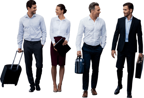 Transparent business people walking with luggage discussing work