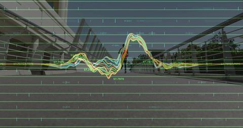 Walking man in orange jacket on pedestrian bridge with waveform data overlay and grid lines