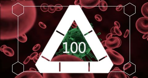 Symbolic 100 surrounding microscopic virus and blood cells