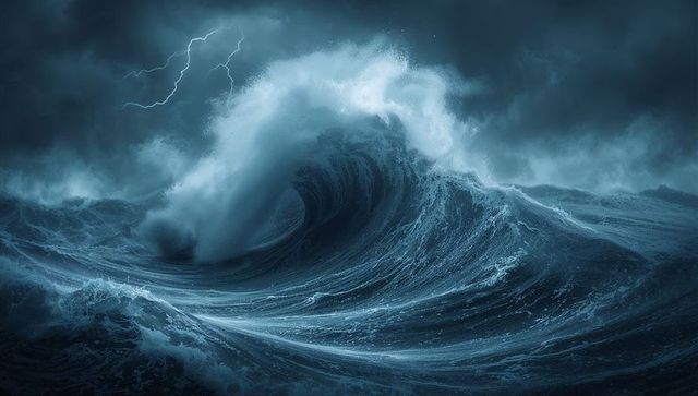 Dramatic ocean wave with thunderstorm in majestic turmoil