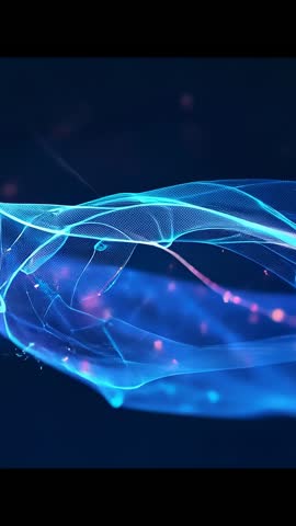 Unfolding Cyan Wireframe Ribbon Revealing Depth Over Navy Field With Pink Particle Sparks