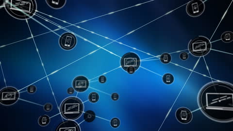 Digital Network of Devices on Blue Neon Background