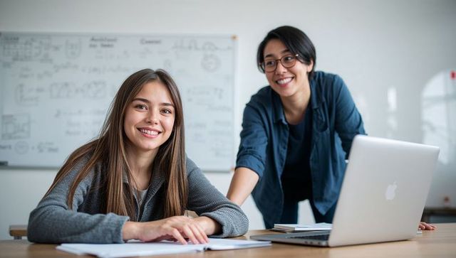 Smiling teacher guiding student in classroom