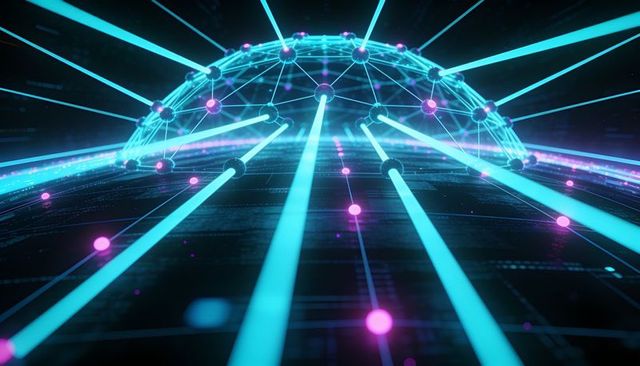Futuristic neon network dome emitting cyan beams and magenta nodes on holographic grid