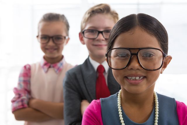 Children dressed in professional business attire, smiling and standing confidently in an office environment. Ideal for concepts related to future leaders, teamwork, diversity, and playful corporate themes. Suitable for educational materials, business training programs, and promotional content for children's events.