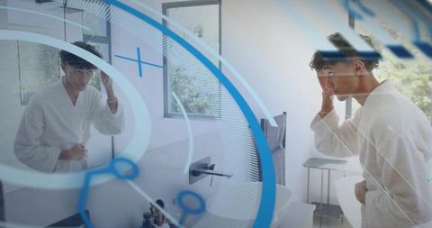 Modern grooming ritual man styling hair morning at vanity mirror with futuristic hud overlays