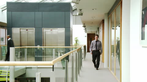 Business Professionals Walking Through Modern Office Corridor