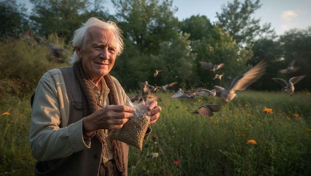 Senior man feeding birds in wildflower meadow at golden hour holding clear bag of seeds