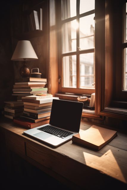 A cozy home office setup displays a laptop and a stack of books on a wooden desk next to a sunlit window. Ideal for conveying themes of productivity, remote work, study environment, and cozy atmospheres. Great for illustrating working from home, concentration, and inviting spaces.