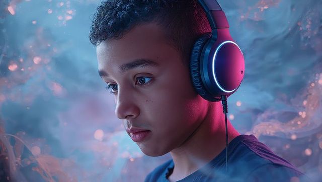 Teen Wearing Vibrant LED Over-Ear Headphones in Futuristic Setting