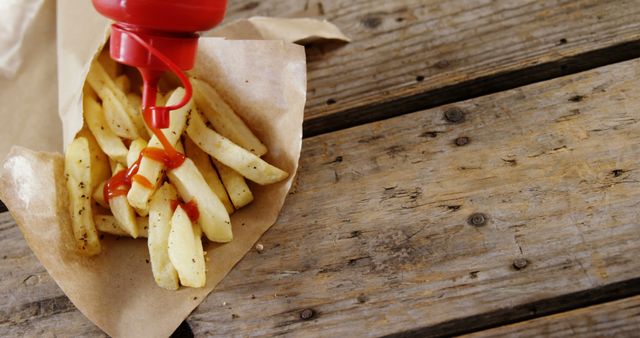 French fries with ketchup on rustic wooden table conveys a casual, comforting fast food moment. Ideal for use in advertisements, food blogs, recipe websites, or social media content related to snacks, takeout, and dining options.