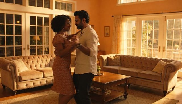 Mixed-race couple dancing in cozy living room at golden hour, intimate romantic moment